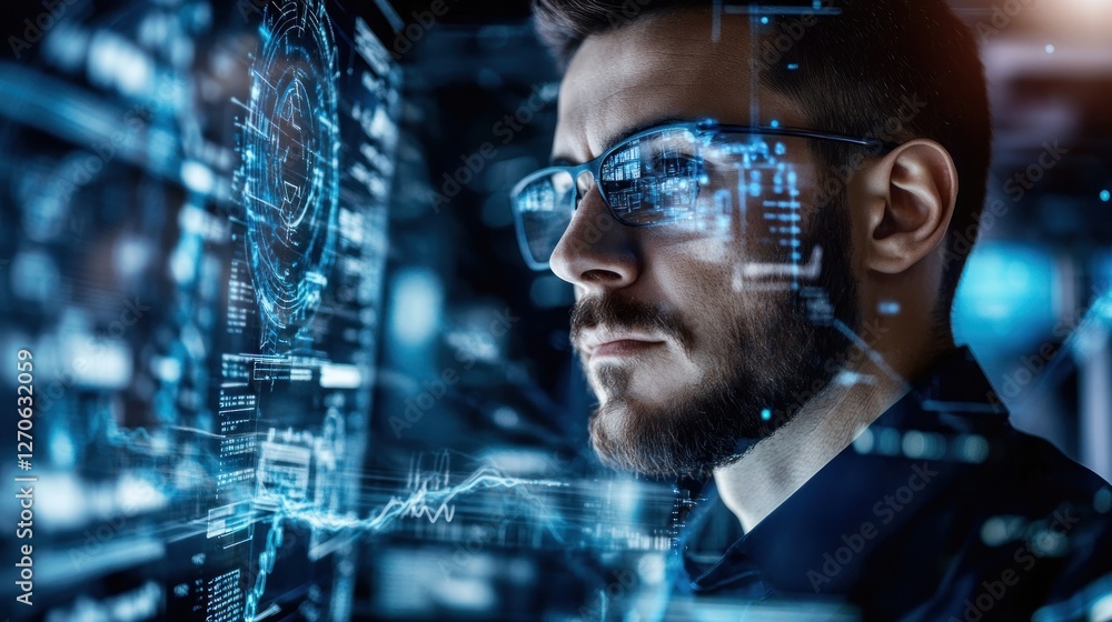 Poster focused man in glasses analyzing digital data on multiple screens in a high-tech environment