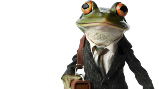 Frog businessman commuting, briefcase, studio, isolated background, advertising