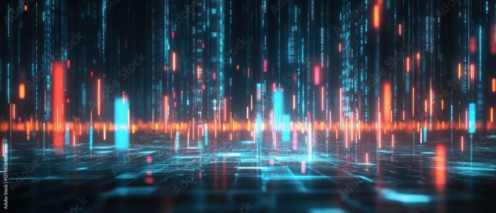 Poster futuristic digital landscape with glowing lines and data streams, creating a vibrant atmosphere of t