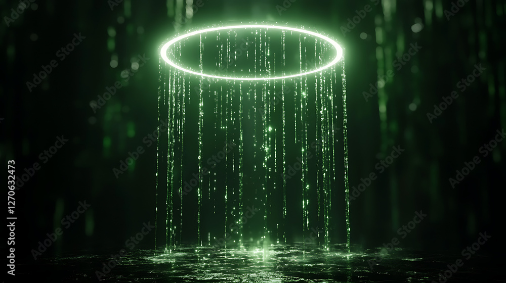 Poster ethereal glowing ring cascade of light sparkles in a dark mysterious setting and fantasy theme