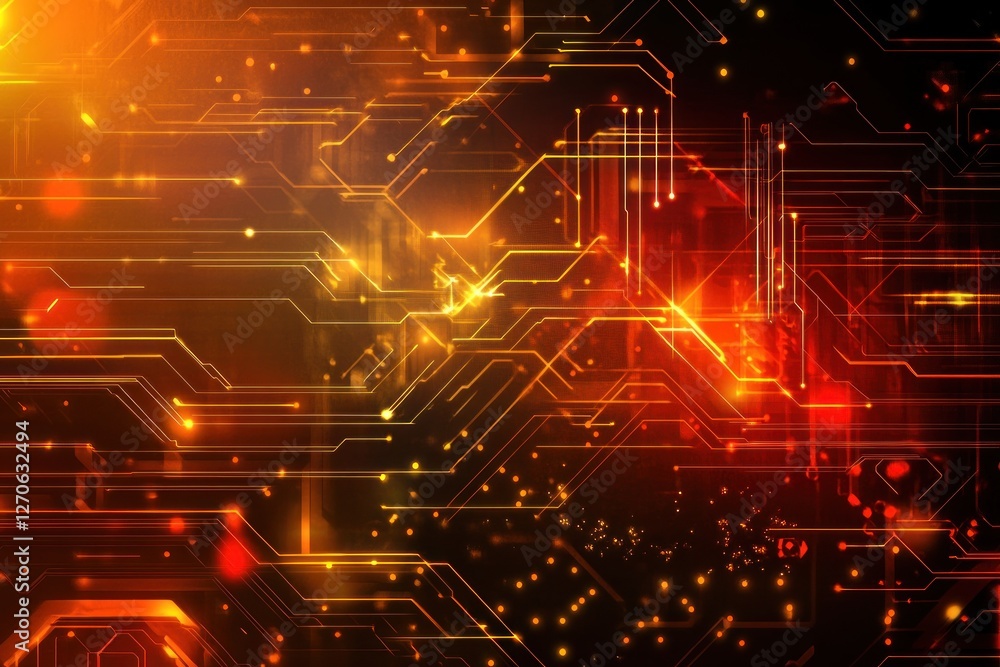 Poster abstract digital circuit design with glowing lines and particles, creating a vibrant technological b