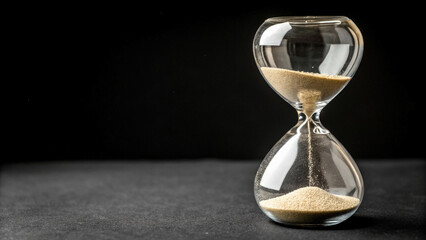 Timeless Flow: Wooden Hourglass with Sand Gently Streaming Down and black background 