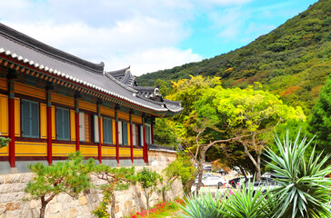 Pavilion in Beomeosa Temple in traditional korean style, Busan, South Korea. Beautiful landscape with mountains and Beomeosa Temple complex, Busan, Republic of Korea