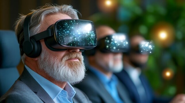 Senior men wearing virtual reality headsets in futuristic office environment. Generative AI