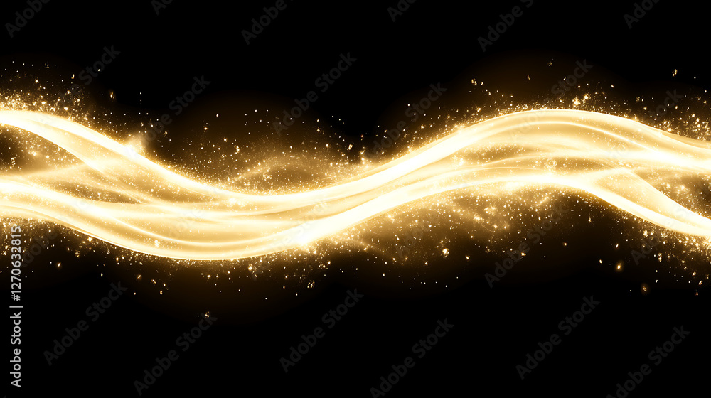 Poster ethereal golden light streams with twinkling particle swirls on black backdrop image