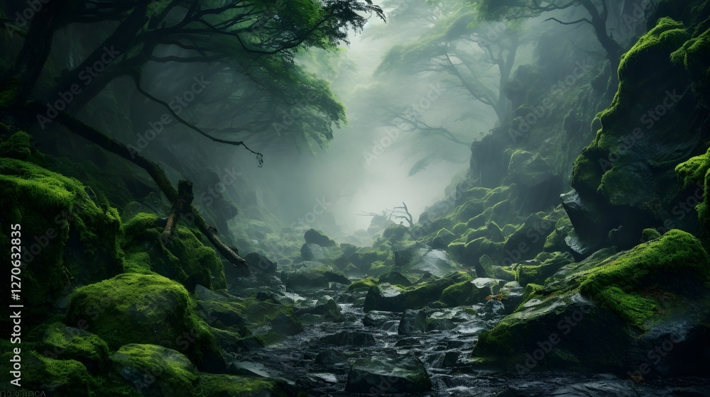 Poster a mystical and enchanting landscape featuring a dense fog rolling over an ancient primordial forest 