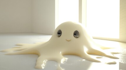 Cute, blob-like creature, resembling a slime or gooey substance, with happy expression, sitting on a white surface, near a window.