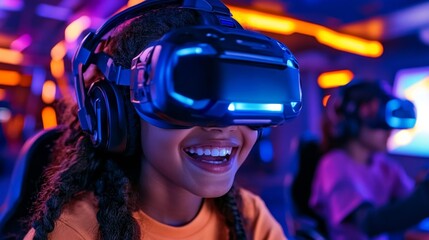 Excited Girl Wearing VR Headset Smiling in a Modern Arcade. Generative AI