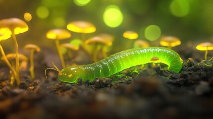 Caterpillar crawling amidst glowing mushrooms in lush forest nature photography enchanted environment close-up view