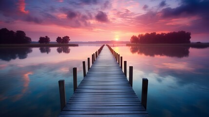 Breathtaking and serene sunrise over a tranquil lake with a wooden pier gently reflected on the calm mirror like waters