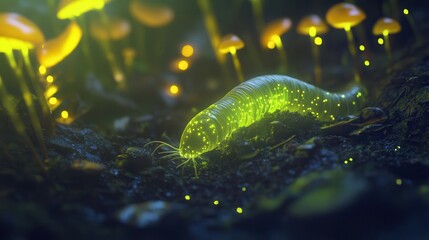 Bioluminescent caterpillar crawling through enchanted forest fantasy artwork magical environment close-up view