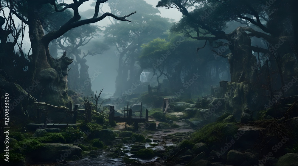 Poster mystical fog rolls over an ancient dense forest landscape creating an ethereal enchanting atmosphere