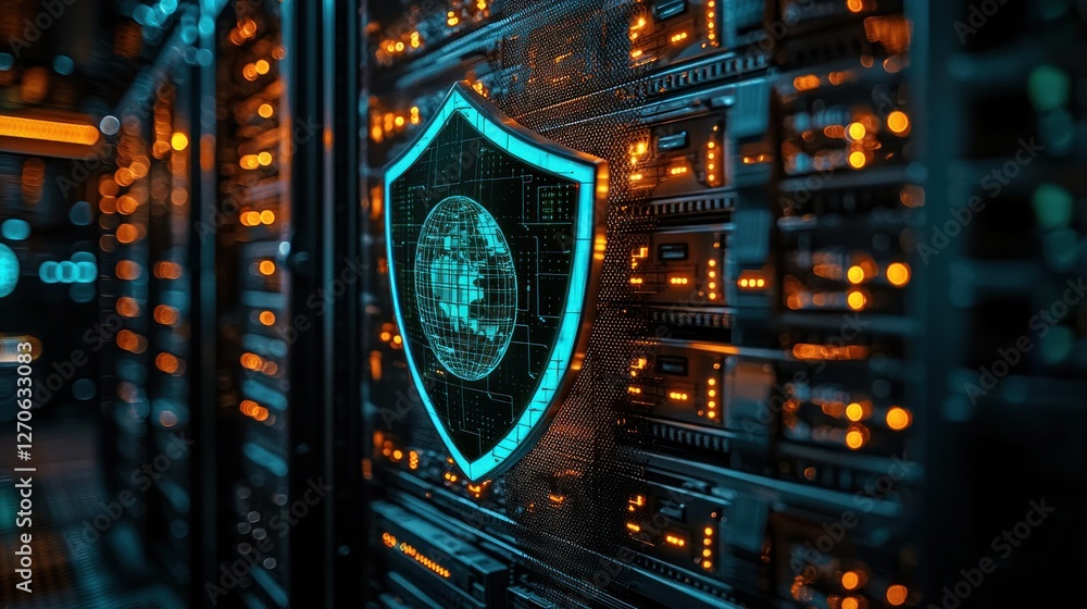 Poster global cybersecurity shield protecting data servers in a datacenter