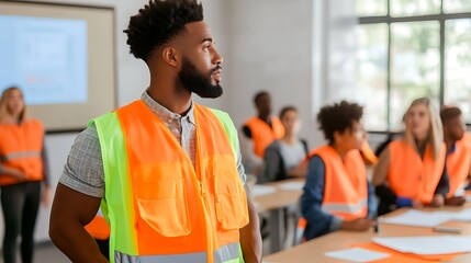 A Group of Participants Wearing Safety Vests Engaged in a Professional Seminar or Workshop
