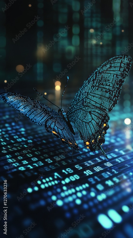 Poster a vibrant butterfly perched on a digital landscape of binary code, symbolizing the fusion of nature 
