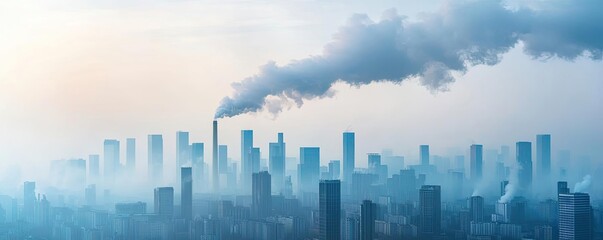 Fototapeta premium Acid rain climate change concept. A hazy skyline with smoke rising from buildings, highlighting urban air pollution.