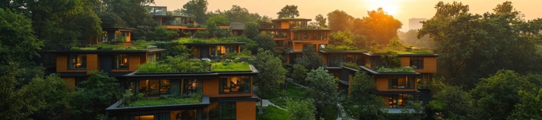 Eco-friendly modern homes with rooftop gardens surrounded by nature. Generative AI