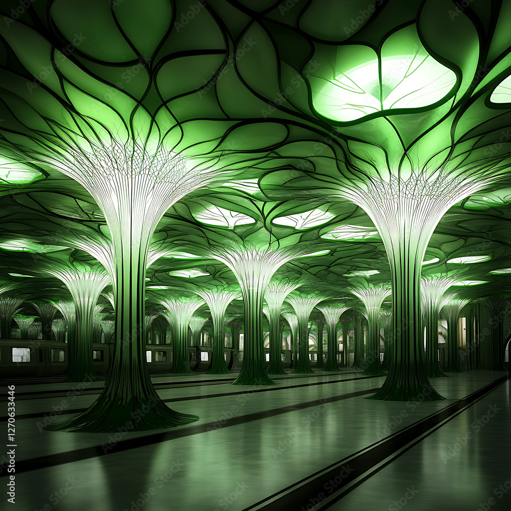 Poster ethereal green forest inspired subway station with elegant column structures and ambient light play