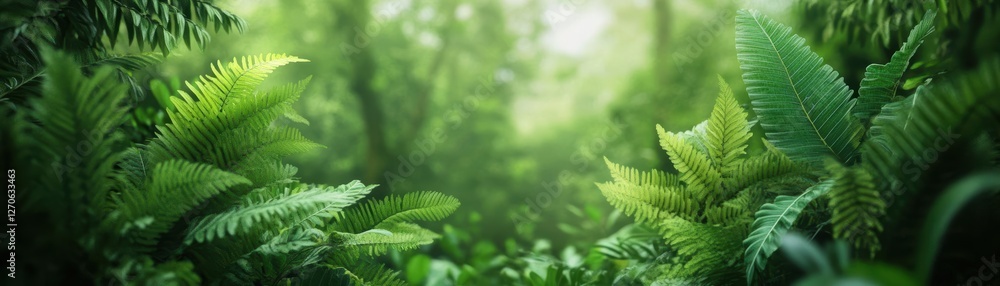 Poster lush green forest canopy with sunlight filtering through leaves creating a tranquil and inviting nat