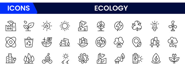 Ecology icon set. Ecofriendly icon, nature icons set. Linear ecology icons. Environmental sustainability simple symbol. Simple Set of  Line Icons.Global Warming, Forests, Organic Farming.