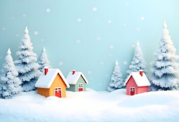 Christmas composition with toy houses, twigs and trees with snow on a blue background. New Year background. Beautiful greeting card. Top view
