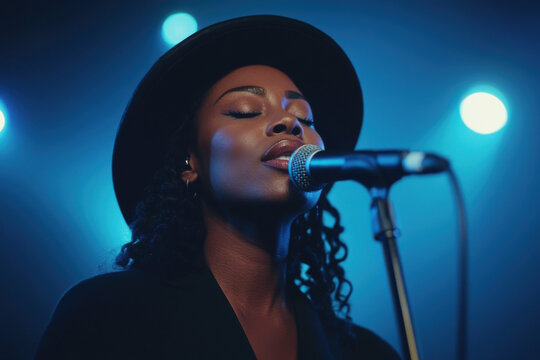 Young talented black woman singer performing live music on stage