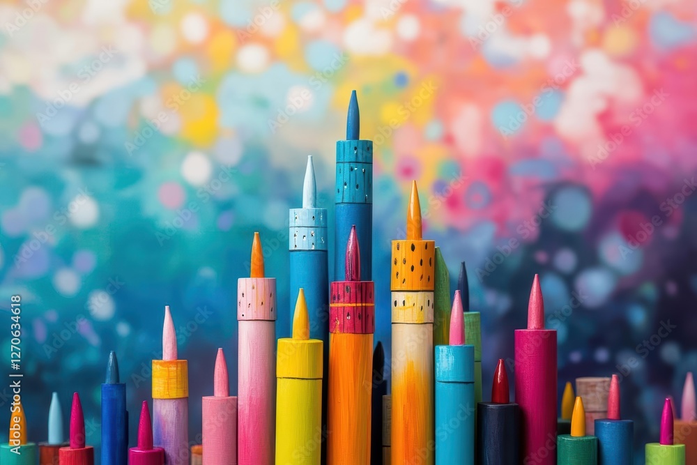 Poster vibrant and playful castle constructed from colorful crayons showcasing a whimsical design evoking i
