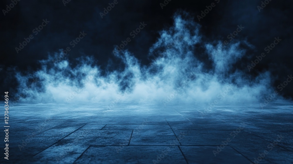 Poster mysterious blue fog enveloping a dark, empty space, creating an atmospheric backdrop for creative pr