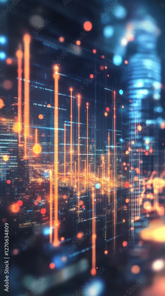 Poster abstract cityscape with glowing data visualization