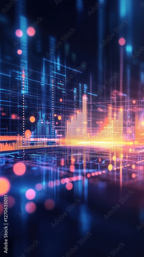 Poster abstract digital landscape showcasing vibrant data visualization with colorful graphs and glowing el