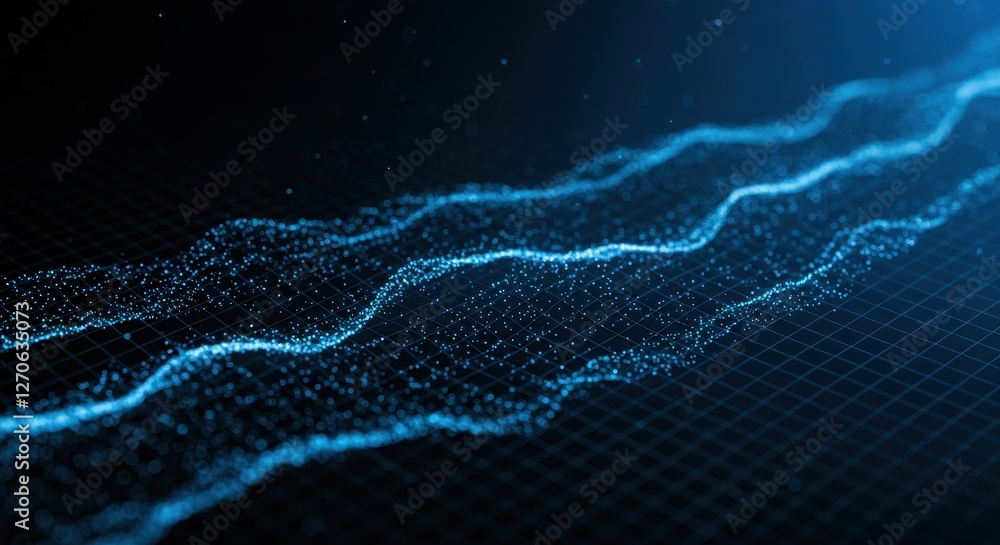 Poster a blue toned visualization of financial data waves with fluctuating lines on a grid