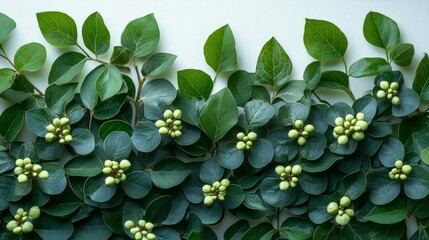 Close-up of fresh green leaves and buds on a soft background. Generative AI