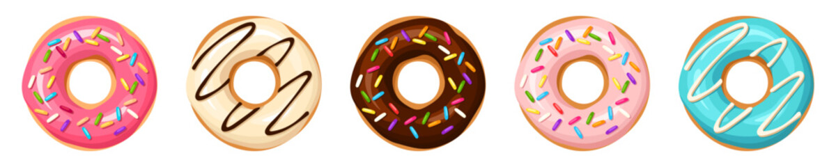 Donuts. Set of colorful donuts with white, pink, blue, and chocolate glaze and sprinkles isolated on a white background. Vector illustration