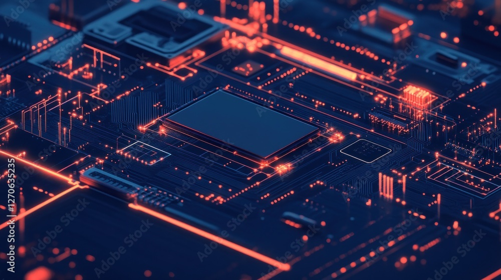 Poster abstract close-up of a futuristic circuit board with glowing lines and shapes, showcasing technology