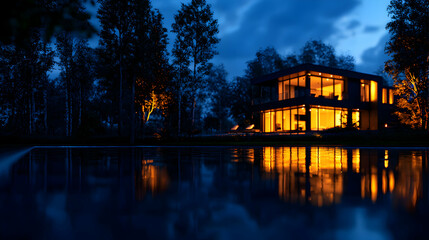 Fototapeta premium Modern House Reflecting in Swimming Pool at Night with Illuminated Windows and Dark Blue Sky