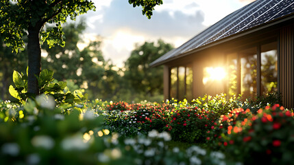 Modern House with Solar Panels Surrounded by Greenery and Blooming Garden at Sunset