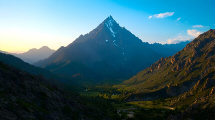 Fototapeta premium Mountain Landscape with a Blue Sky Green Valley and Rocky Peaks