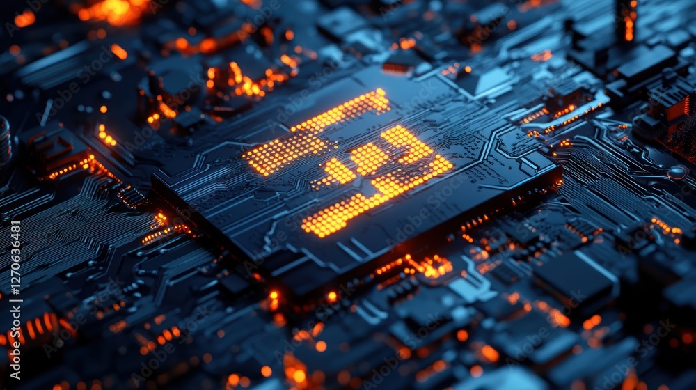 Poster close-up view of a glowing microchip on a circuit board, showcasing intricate details and vibrant co
