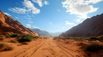 Naklejka premium Sweeping Desert Landscape with Red Rock Mountains and Blue Sky on Sunny Day