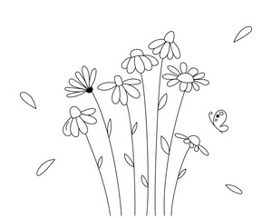 Abstract linear flowers with large buds and petals. Cute flowers for coloring.