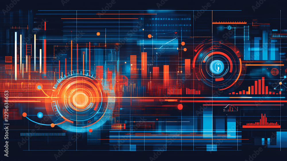 Poster analyzing data patterns and trends digital interface infographic design modern technology high-tech 