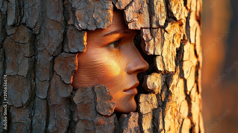 Poster a surreal image blending a human face with tree bark, creating a unique interplay between nature and