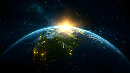 Obraz premium Night View of Earth from Space with City Lights and Blue Atmosphere in Universe