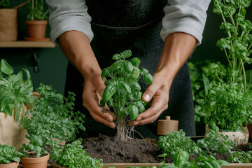 Fototapeta premium Close-up view of hands planting a young herb into fresh garden soil, with small seedlings and green plants in the background.