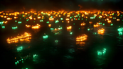 Fototapeta premium Nighttime Cityscape with Glowing Reflections on Water Surface in Dark Backdrop
