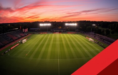 Scenic Evening View of a Soccer Field Under Dramatic Sunset Sky