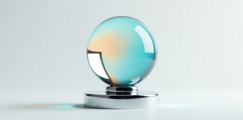 Glass sphere sits on chrome plinth amidst white space, minimalist, modern