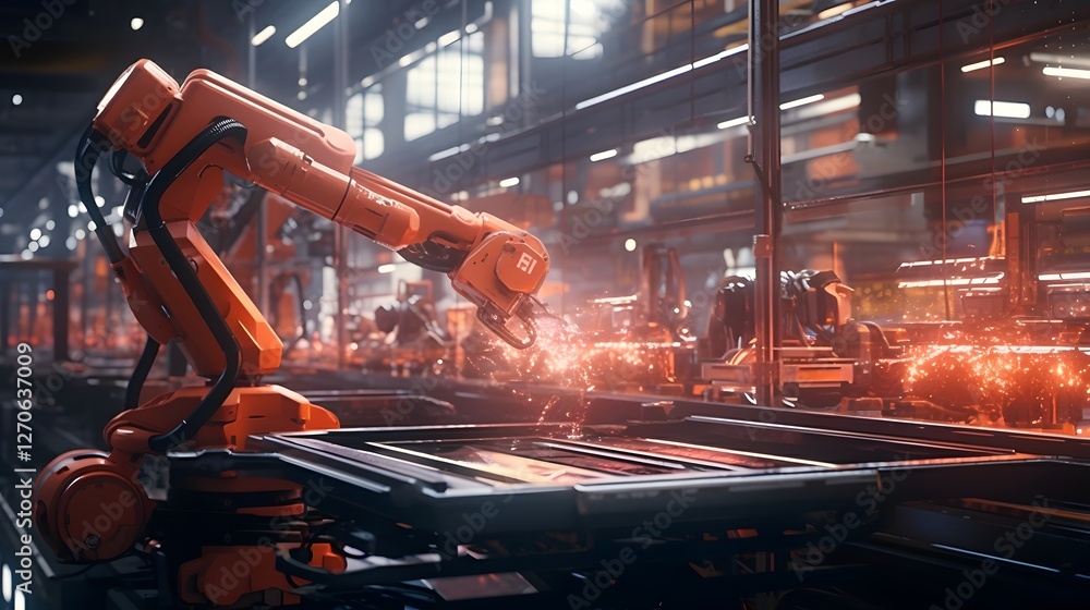 Poster robotic arm meticulously executing intricate manufacturing tasks in a sleek futuristic factory envir