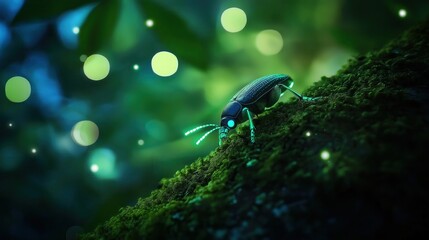 Firefly illuminating mossy forest floor close-up photography nature evening macro view bioluminescence concept