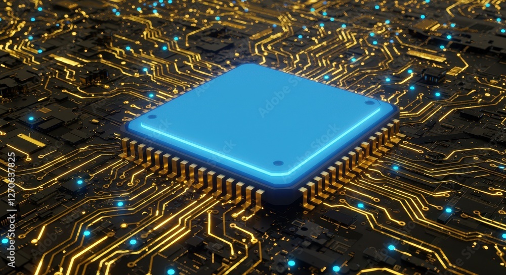 Poster a futuristic depiction of a glowing blue processor chip integrated into a detailed circuit board wit